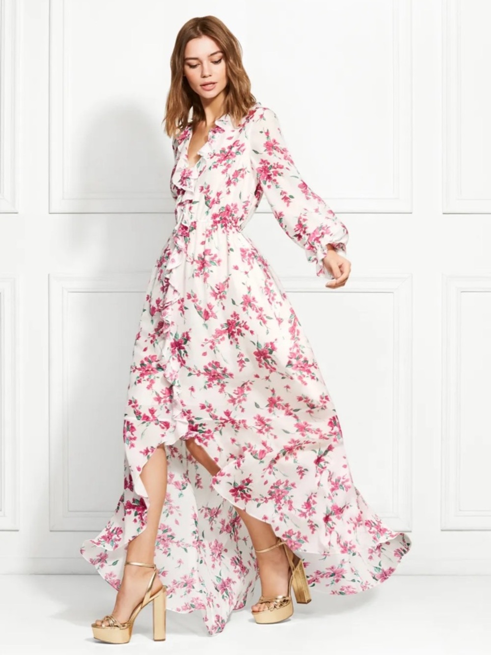 Rachel Zoe White Maxi Dress with Pink Floral Print